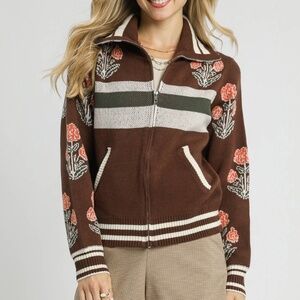 Umgee Boho Floral Knit Zip-Up Jacket Cozy Brown Sweater NWT